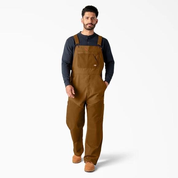 Dickies Mens Waxed Canvas Double Front Bib Overalls Large Brown Duck NWT - Picture 1 of 16